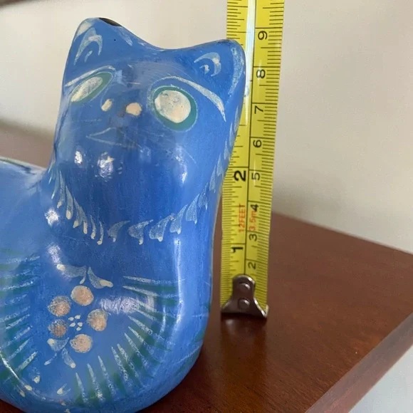 Vintage Blue Cat Figurine Hand Painted Glazed Mexican Folk Art Clay Pottery - Picture 8 of 9